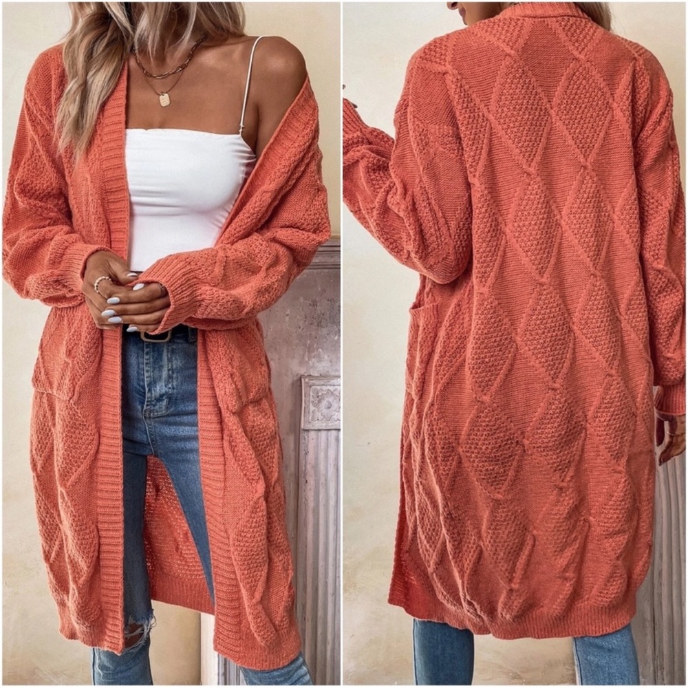 Cozy Orange Chunky Knit Pockets Cardigan XS S M L XL